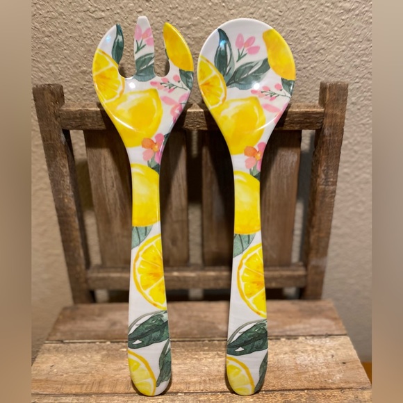 Farmhouse Lemon Serving Spoon Set, Melamine Lemons Leaves & Floral Serving Set - Picture 2 of 9